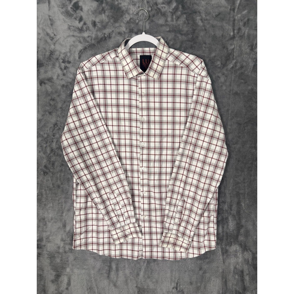 Linea Uomo Stretch Mens XL Long Slv Button Down Shirt Plaid White Burgundy Grey